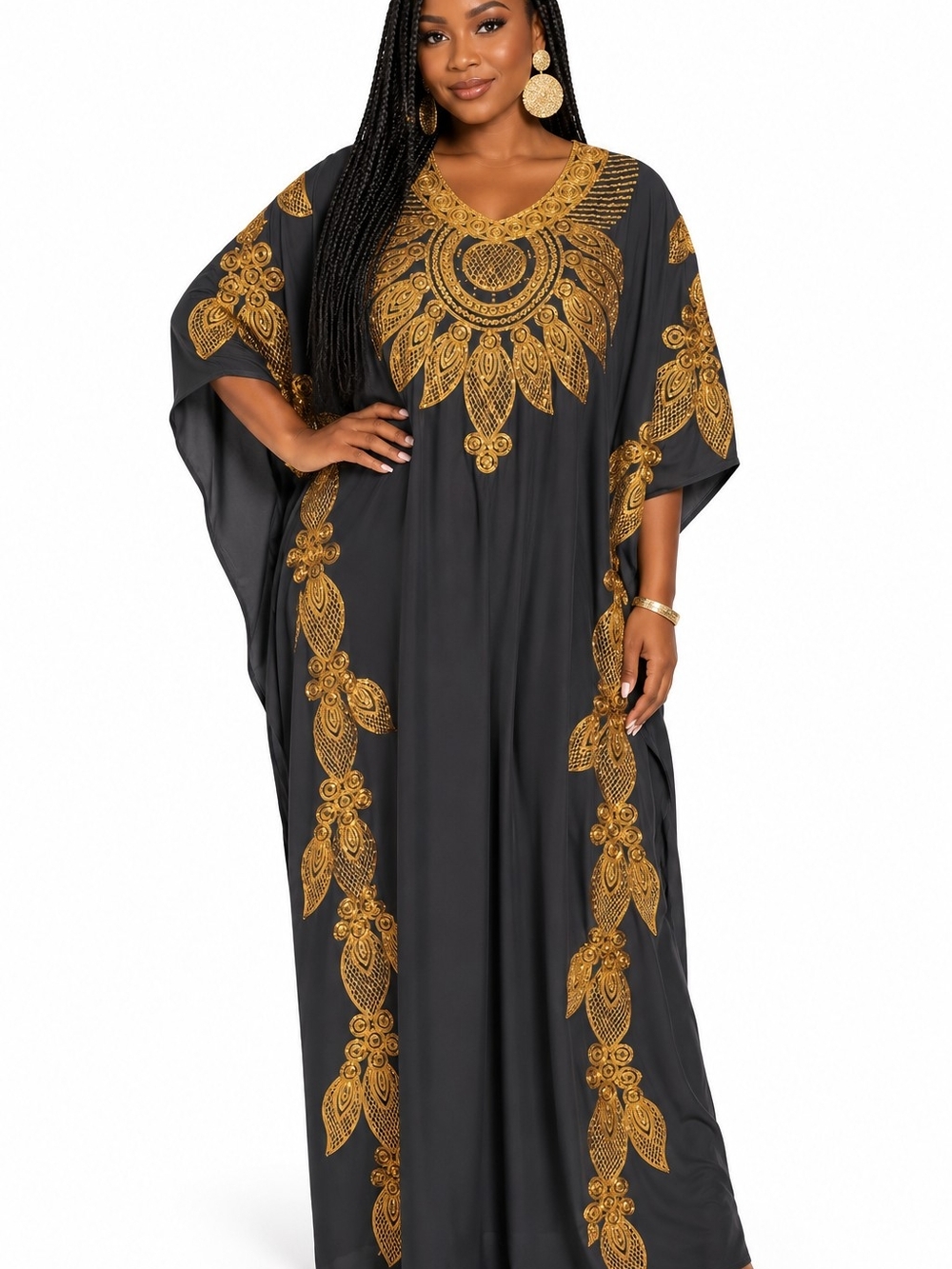 Elegant Black Maxi Kaftan Dress with Gold Embroidery